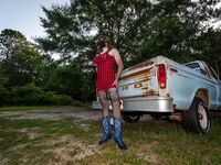 Jon Scarecrow Big Fake tits Crossdresser in Snug Plaid Dress: 34 Nude Pics