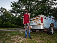 Jon Scarecrow Big Fake tits Crossdresser in Snug Plaid Dress: 34 Nude Pics
