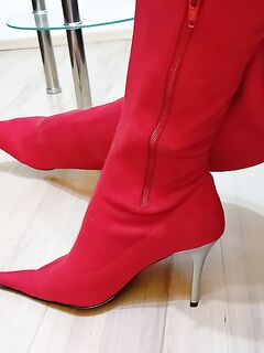 Crossdresser In Sexy Red Suede Pointed Toe High Heels Boots: 12 Nude Pics