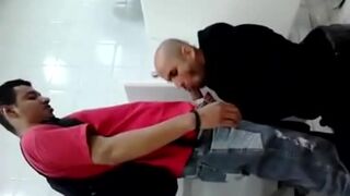 Spy cam caught blowjob in public Latin restroom