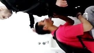 Spy cam caught blowjob in public Latin restroom