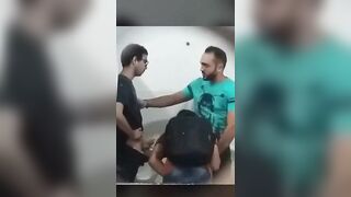 Lucky nerd got a blowjob at the urinals
