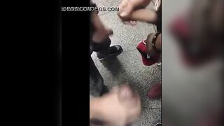 Latin dudes jerking off in public restroom Mall