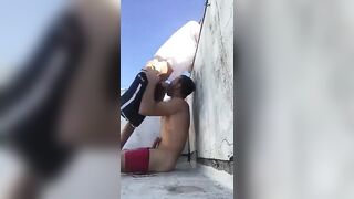 Sucking my new straight neighbor's cock on the rooftop