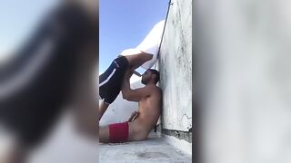 Sucking my new straight neighbor's cock on the rooftop