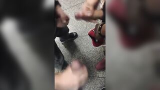 Spy cam shows Three latin guys jerk off together in public restroom