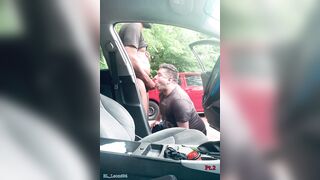 Married guy sucks a horny black dude's cock in park parking lot
