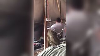 Horny guy putting on a show in the military tent