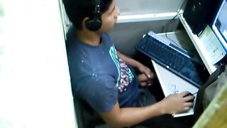 Caught latino stroking his cock in public cyber place