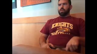 Big fat bear rubbing his cock in a coffee shop