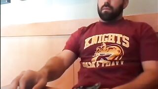 Big fat bear rubbing his cock in a coffee shop