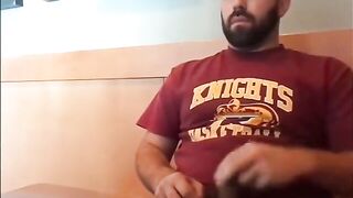 Big fat bear rubbing his cock in a coffee shop