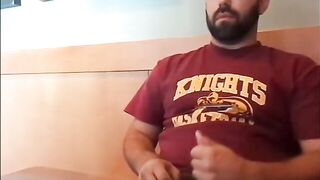 Big fat bear rubbing his cock in a coffee shop