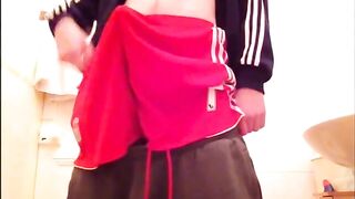 Young college dude showing his delicious cock and shooting a huge load