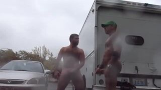 Two strangers masturbate in a public parking lot