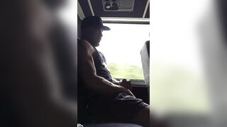 Muscular stud stroking his cock in public Bus