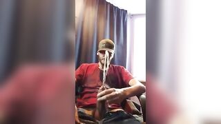 Horny white guy pissing while masturbating